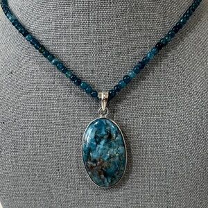 Genuine Blue Apatite Silver Plated Pendant and Beaded Necklace